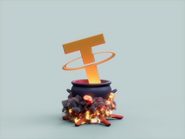 Tether Cauldron Fire Cook Crypto Currency 3D Illustration Render