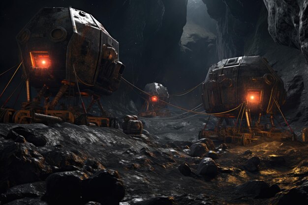 Tethered mining robots working on asteroid surface