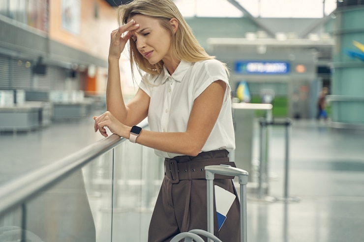 Foto tevreden blonde vrouw rimpelt haar voorhoofd terwijl ze diep in gedachten is