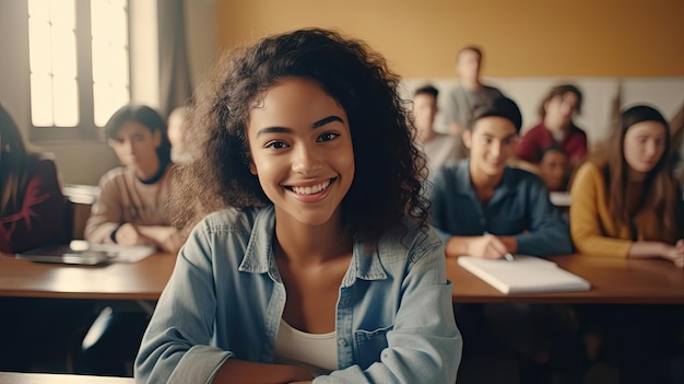 Tevreden jonge vrouw die naar de camera kijkt Team van multi-etnische studenten die zich voorbereiden op een universitair examen Portret van een meisje met sproeten dat tijdens een middelbare school examen in een rij zit met haar klasgenoten