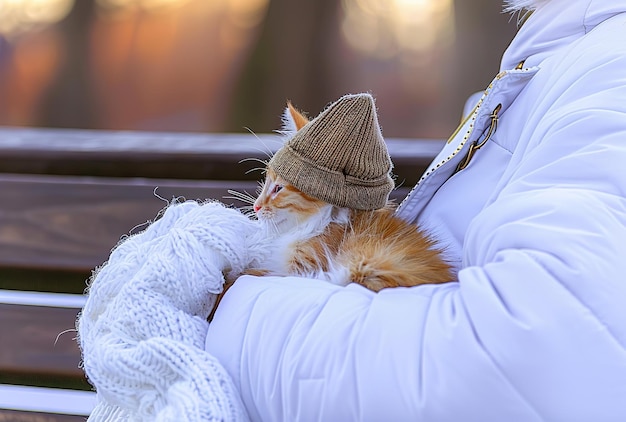 Tevreden oranje kitten in een zachte knuffel vertrouwen en comfort