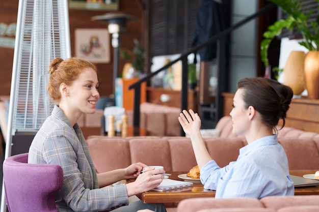 Tevreden zelfverzekerde jonge vrouwen die aan tafel in een gezellig restaurant zitten en ideeën uitwisselen tijdens de lunch
