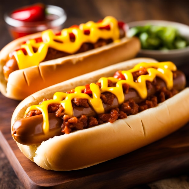 Texas chili hotdogs met zijkanten en tomaat generatieve ai