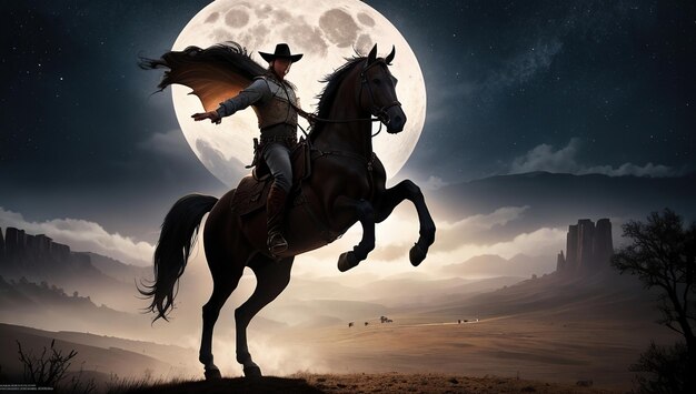 Photo texas dark background cowboy background old western town building man riding on the back of a horse