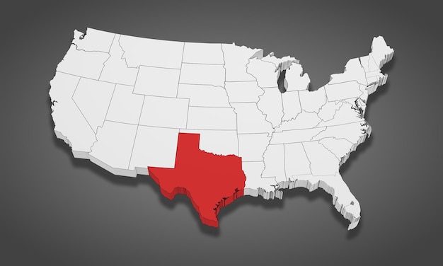 Texas State Highlighted on the United States of America 3D map 3D Illustration