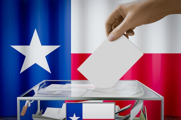 Texas vlag hand laten vallen stembiljet in een vak stemming verkiezing concept 3D illustratie