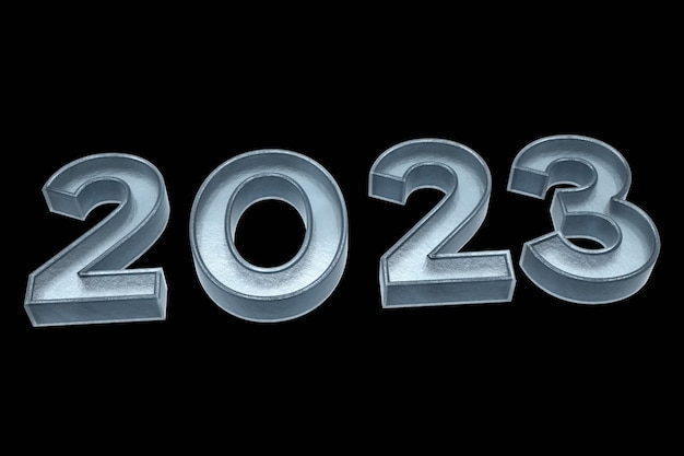 text 2023 blue color 3d illustration render. 2023 number text 3d with black isolated background