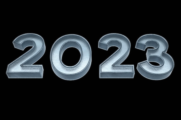 Photo text 2023 blue color 3d illustration render. 2023 number text 3d with black isolated background