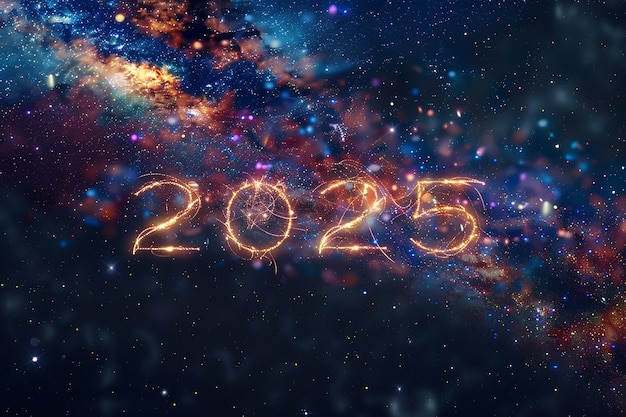 the text 2025 made of glow tinsels interstellar galaxy in the background