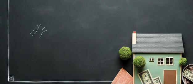 Text about real estate on a chalkboard with cash and small house isolated pastel background Copy space