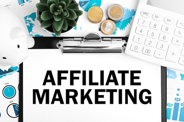 Text Affiliate Marketing. Business concept. Flat lay.