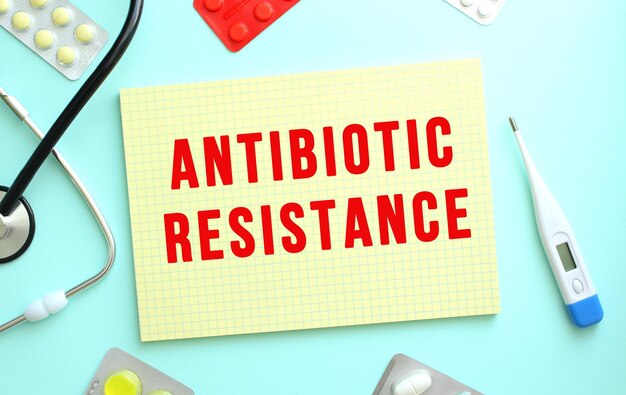 The text antibiotic resistance is written in a yellow notebook
that lies next to the stethoscope