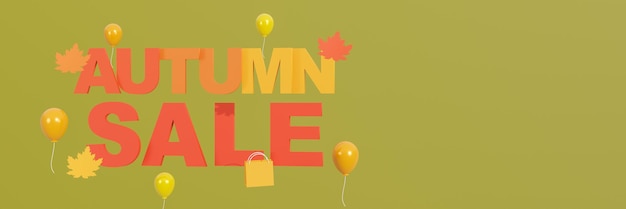 Photo text autumn sale background concept banner poster or flyer design template for advertising web social and fashion ads with shopping bag and ballons on green background 3d rendering