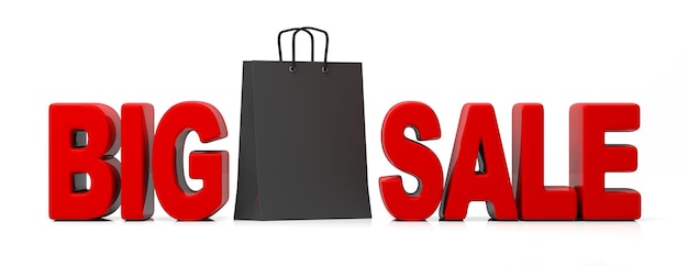 Photo text big sale red letters and black shopping bag isolated on white banner 3d illustration