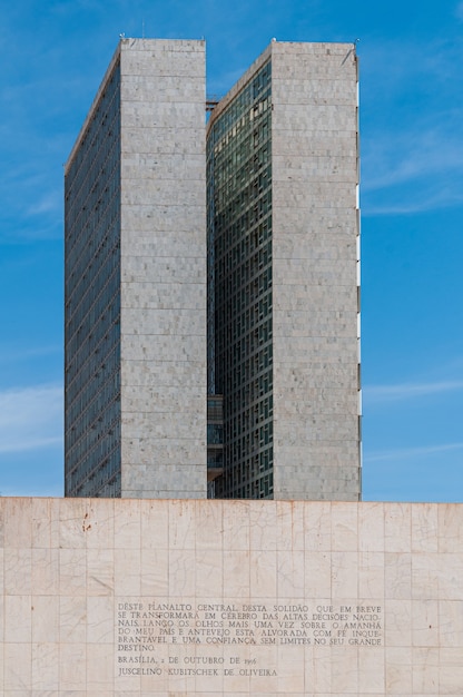 text by juscelino kubitschek behind the national congress brasilia df brazil on august 14 2008