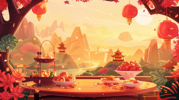Text Chinees nieuwjaar39s diner illustratie met natuur landschap achtergrond Gelukkige hereniging gerechten beschikbaar nu Ambrosia