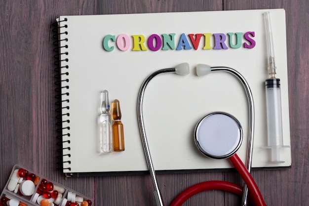 Text Coronavirus wooden letters on notebook stethoscope and first aid kit on wooden background