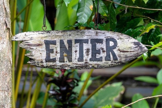 Text enter on a wooden board in a rainforest jungle of tropical Bali island Indonesia Enter wooden sign inscription in the asian tropics