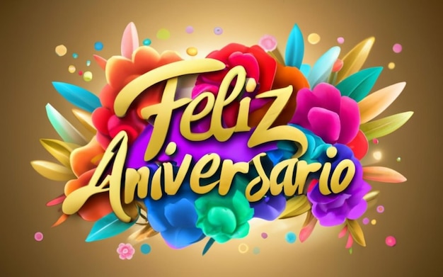 Text Feliz Aniversario in large letters in gold color and with a flowery background