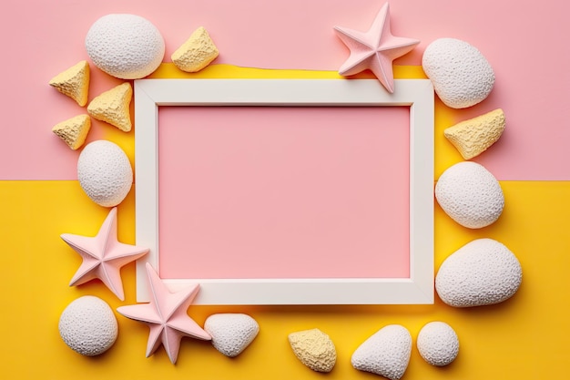 Text frame on pink background with balanced stones and yellow starfish