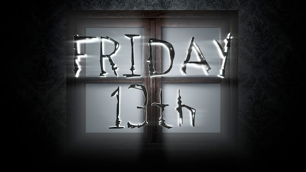 Text Friday 13th and mystical horror background with closed window, abstract backdrop. Luxury and elegant 3d illustration style of horror theme