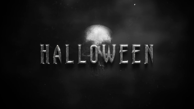 text halloween on mystical horror background with dark skull, abstract backdrop. luxury and elegant 3d illustration of horror theme