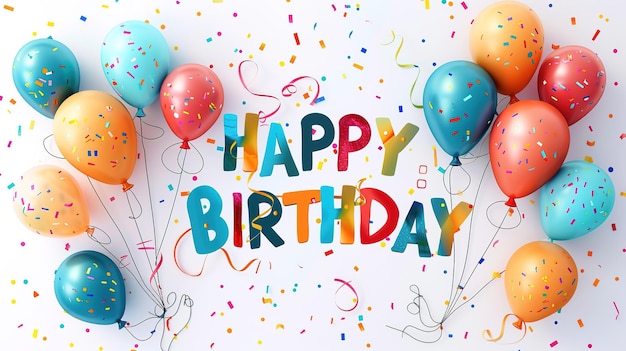 ハッピーバースデー (HAPPY BIRTHDAY) は白い背景に色とりどりの絵を描いた文字で書かれています