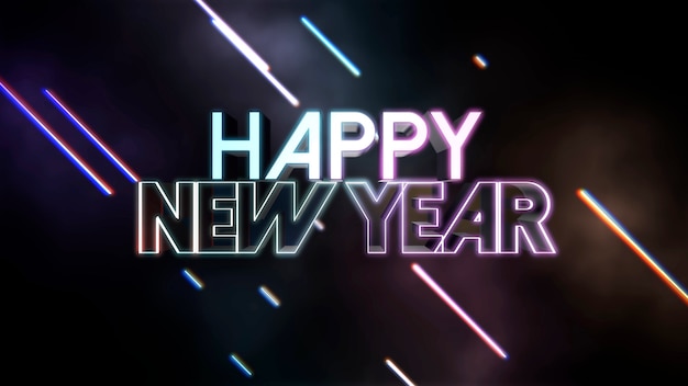 Text Happy New Year and neon lines, abstract background. Elegant and luxury dynamic club style 3d illustration