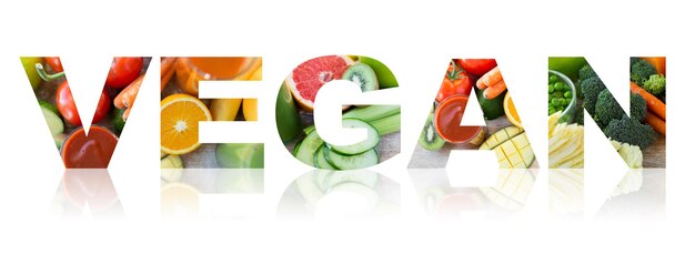 Foto testo, alimentazione sana, cibo, vegetariano e concetto di dieta - parola vegana di frutta e verdura sfondo