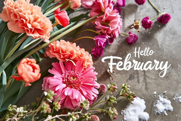 Text Hello February on seasonal background Generative AI