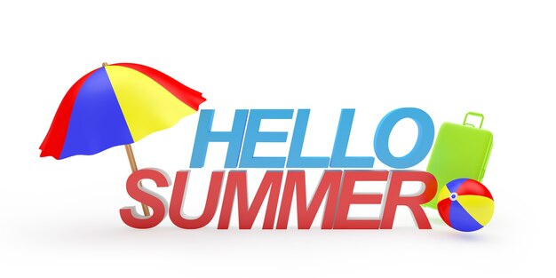 Text Hello Summer with beach umbrella and ball