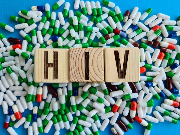 Text HIV in one white pill closeup