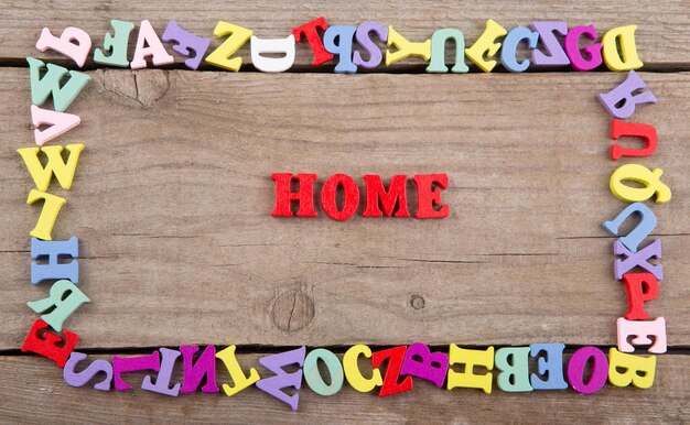 Text Home of colored wooden letters on a wooden background