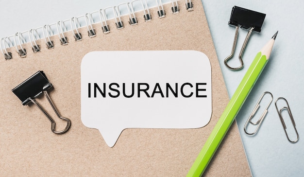 Text INSURANCE on a white sticker with office stationery background. Flat lay on business, finance and development concept