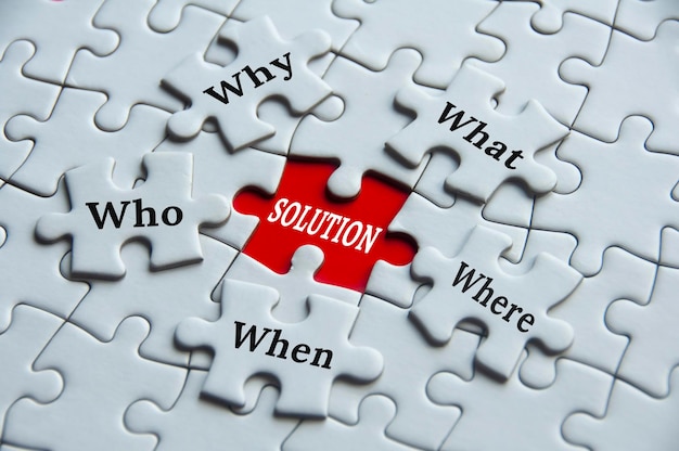 Text on jigsaw puzzle Why what where who when and solution Fact findings and problem solving concept