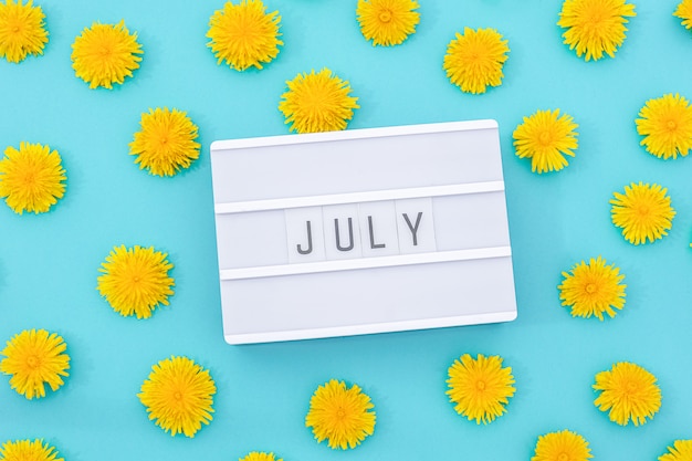 Text July on light box and yellow dandelions on blue background. Concept hello summer. Top view Flat lay