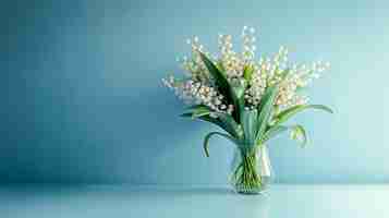 Photo text labor day on a blue background surrounded by sprigs of lily of the valley