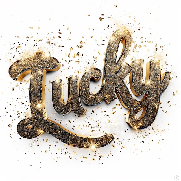 text Lucky handwritten glitter 3d glossy white background