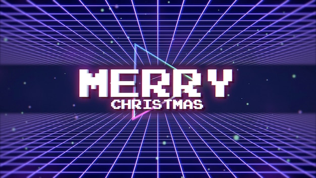 Text Merry Christmas and abstract triangle with grid, retro background