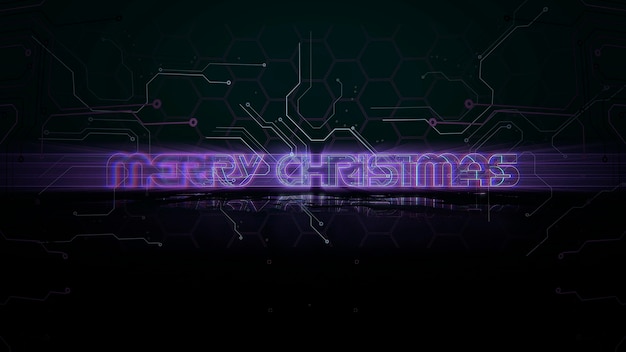 사진 컴퓨터 매트릭스와 그리드가 있는 텍스트 메리 크리스마스와 사이버펑크 배경. 사이버펑크와 영화 테마를 위한 현대적이고 미래적인 3d 일러스트레이션