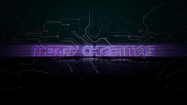 Text Merry Christmas and cyberpunk background with computer matrix and grid. Modern and futuristic 3d illustration for cyberpunk and cinematic theme