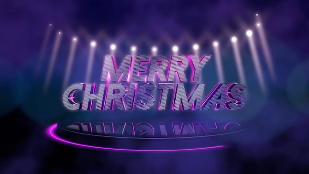 Text Merry Christmas and purple neon disco light on stage, abstract background. Elegant and luxury dynamic club style 3d illustration