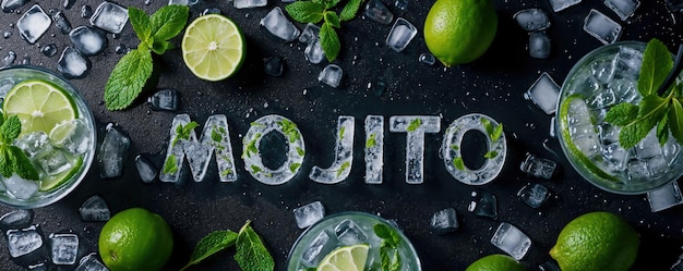  ⁇ 테일 유리 라임 민트 앞 에 얼음 글자 로 쓰여진 MOJITO 텍스트