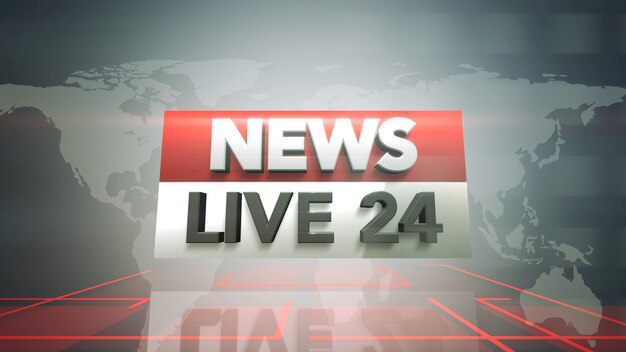 Text News Live 24 and news graphic with lines and world map in studio, abstract background