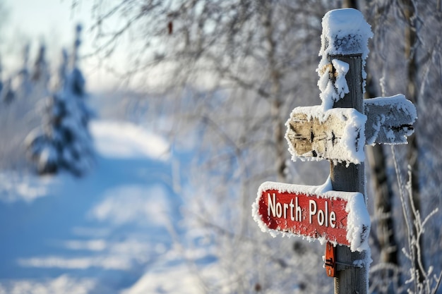 Text Noordpool duidelijk zichtbaar op een wegwijzer in het winterlandschap