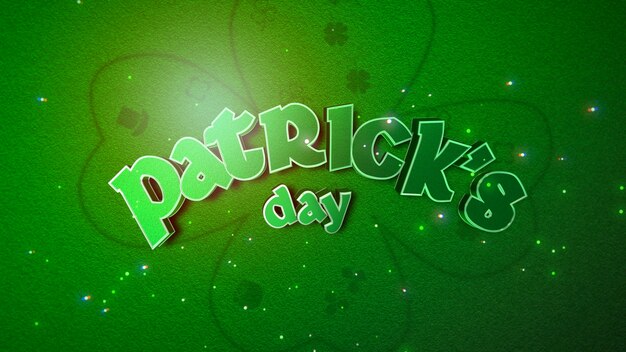 Text patrick day and big green shamrocks and with glitters on\
saint patrick day background. luxury and elegant 3d illustration\
style for holiday theme