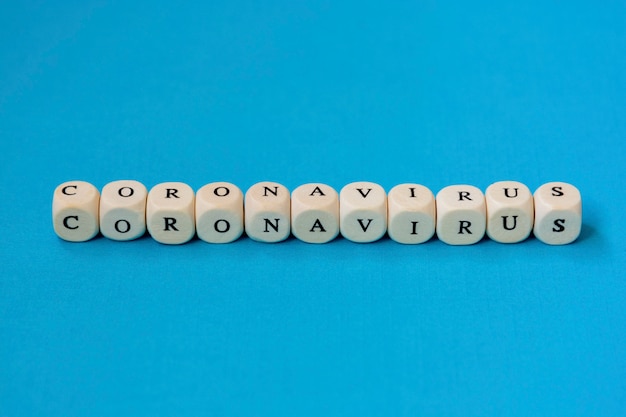 Text phrase Coronavirus made from wooden blocks. Novel coronavirus 2019-nCoV respiratory syndrome coronavirus.