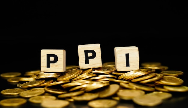 Text PPI (Producer Price Index) on wooden cube with stacks of gold coins. economic data concept.