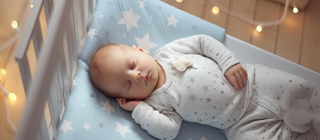 유아용 침대에 젖꼭지를 들고 잠든 사랑스러운 아기를 위한 보기 위의 텍스트 공간