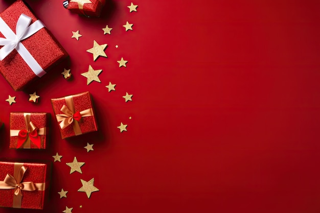 Text space with red background gift boxes and Christmas decor